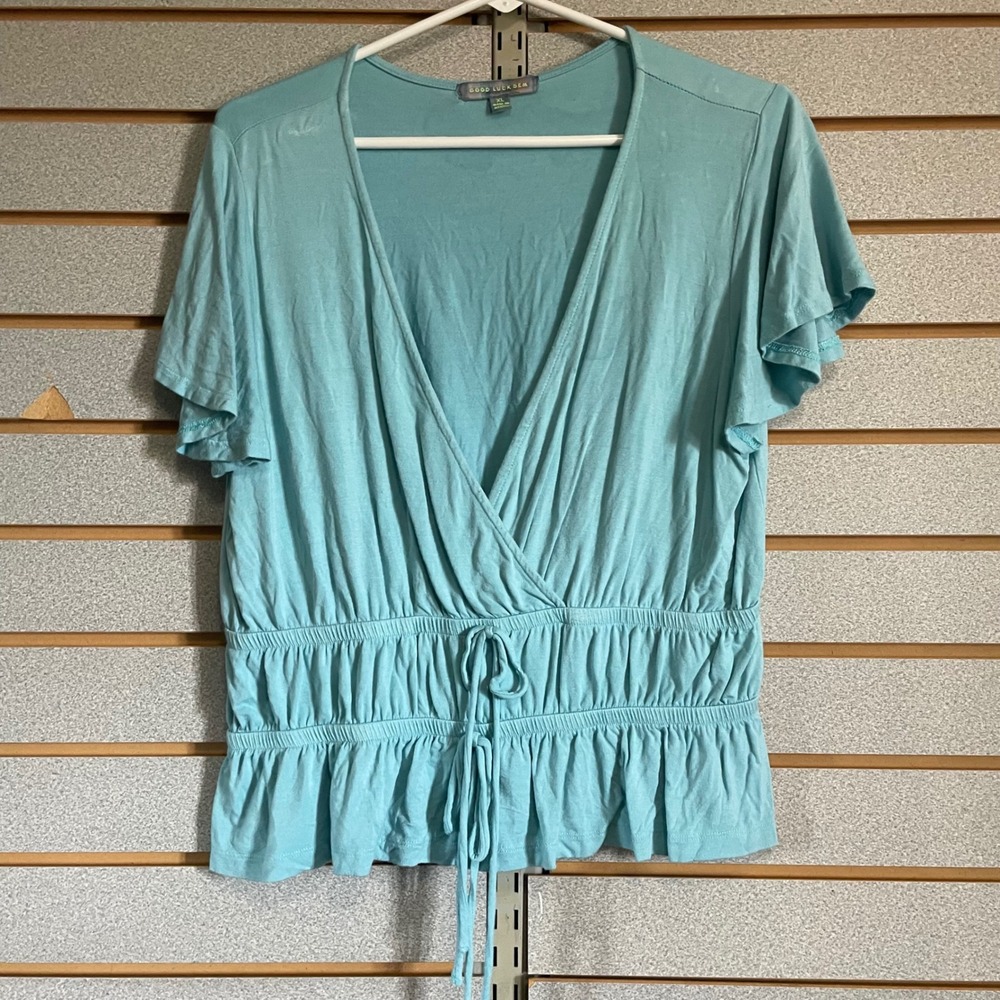 Good Luck Gem XL Aqua Blue Top Short Sleeve Ruffle Hem V Neck Blouse juniors